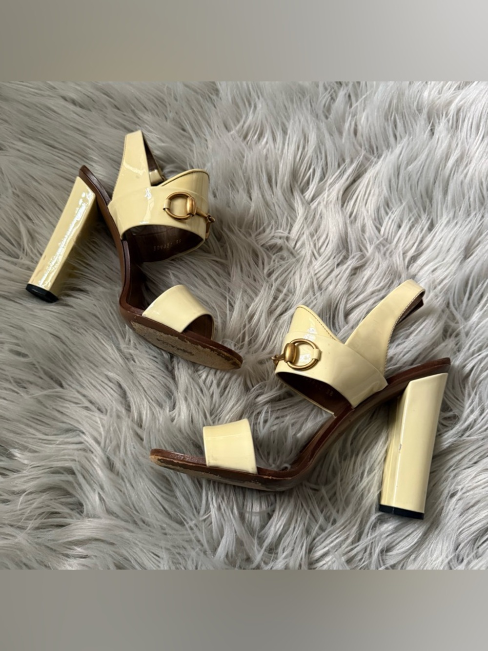 GUCCI Alyssa Horsebit Patent Leather Sandals Block Heel  Size 38 Size 8 - Picture 4 of 11